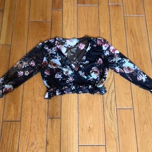 Charlotte Russe Mesh Floral Long Sleeve Crop Top